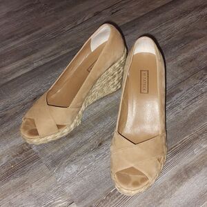 M.Patrick Itasha leather upper   tan peep toe rope wedges Sz 8.5 EUC